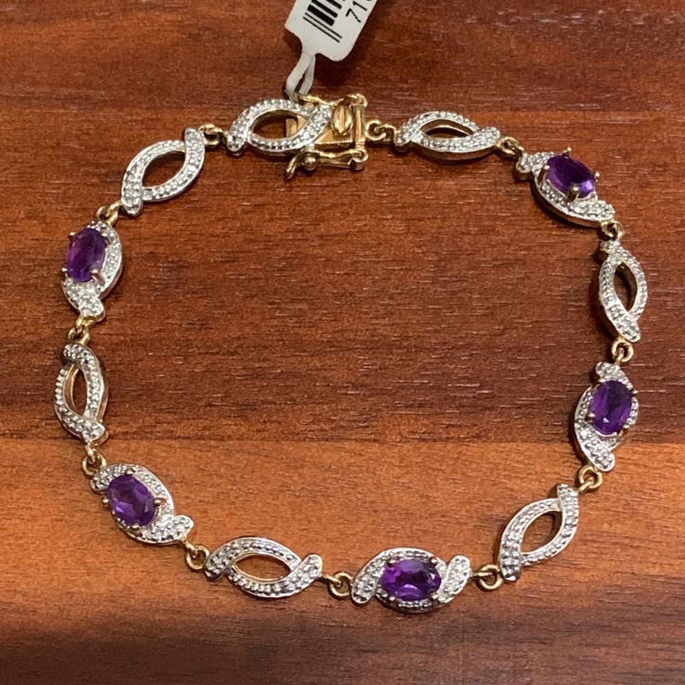 NWT 18K gold plated amethyst bracelet with diamond accents
